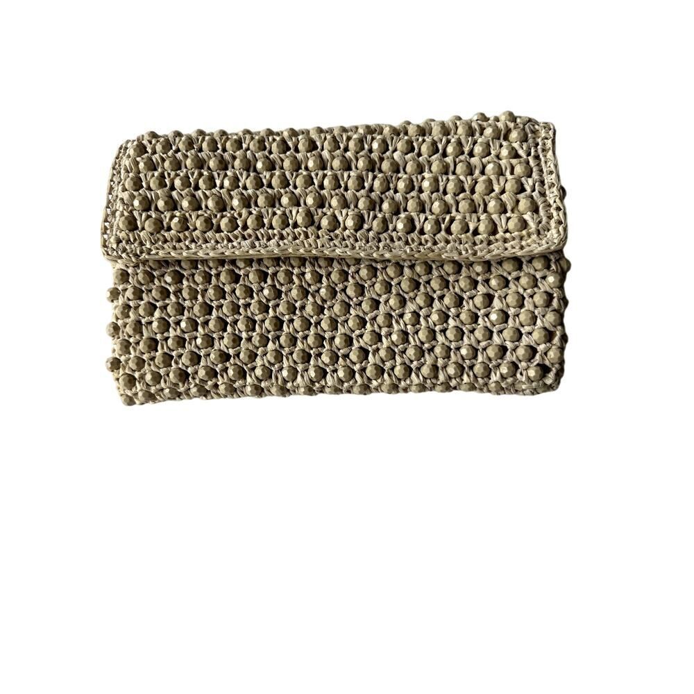 BARBARA LEE Women's Vintage Woven Beaded Raffia Envelope Clutch Bag Beige